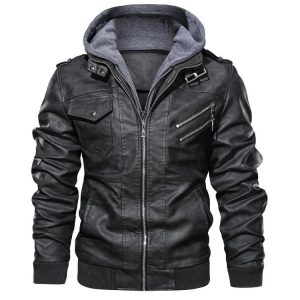 Mens Casual Style Hooded PU Leather Jacket