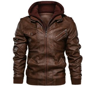 Men's Brown Casual Style Hooded PU Leather Jacket