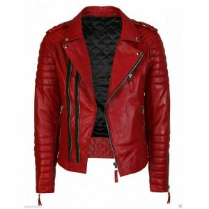 Mens Real Genuine Lambskin Red Leather Quilted Biker Jacket