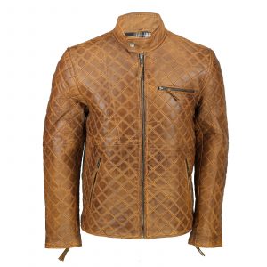 Mens Leather Tan Brown Quilted Biker Style Bomber Jacket